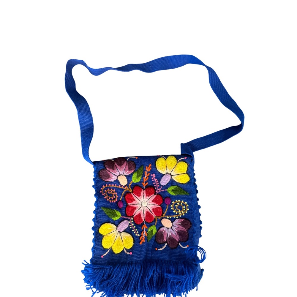 Handmade Floral Embroidered Crossbody Bag Blue Woven Boho Fringe Small Messenger